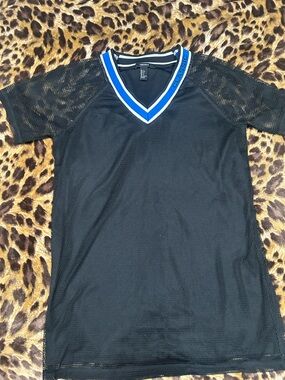 Black Mesh V-Neck Top with Blue Trim